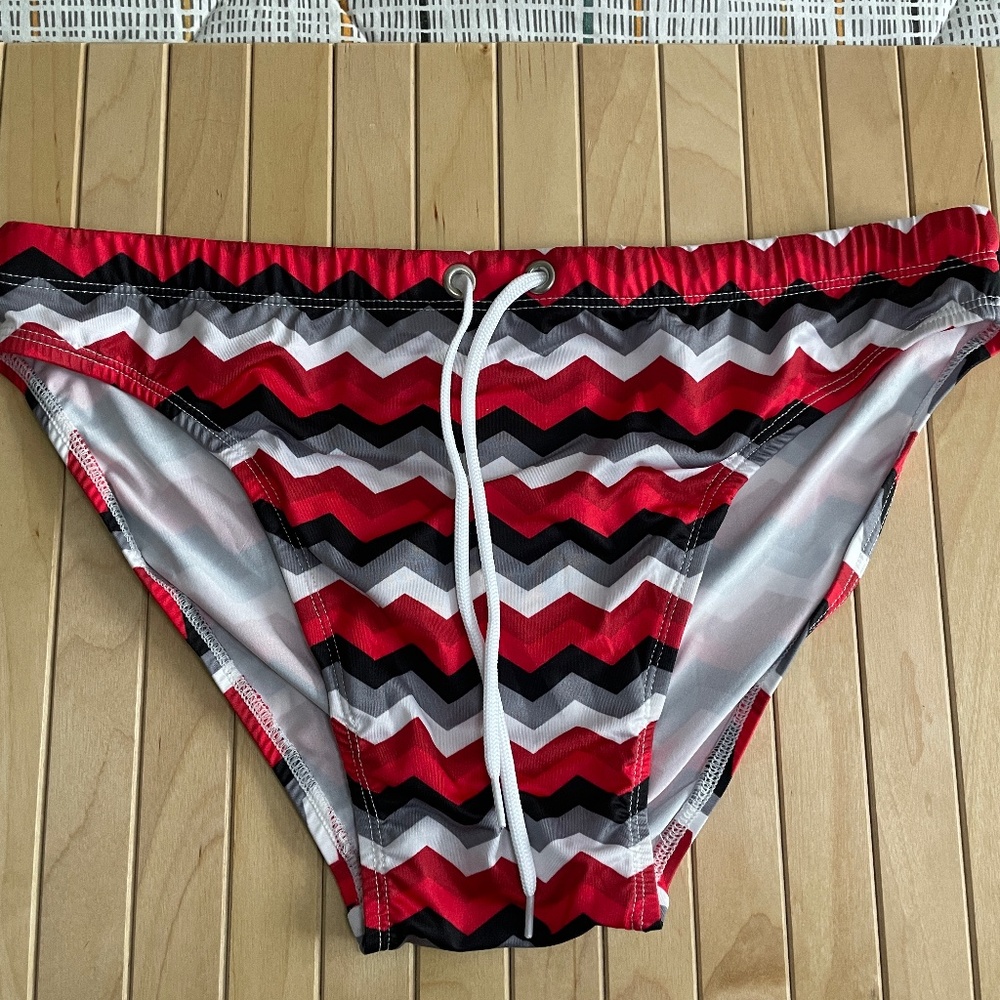 Men's Red Chevron Swim Trunks with Drawstring Waist